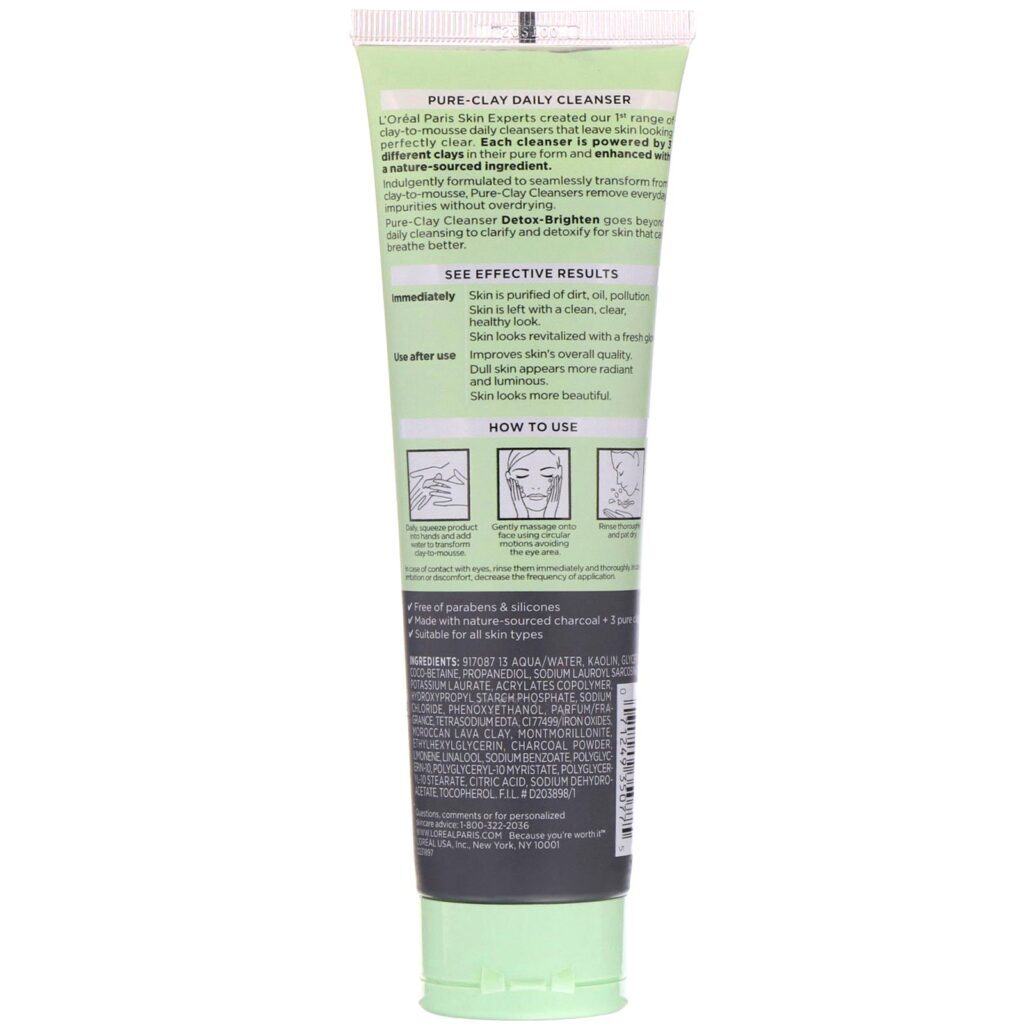 L'Oreal, Limpador Pure-Clay, Detox-Brighten, 3 tipos de argilas puras + carvão, 130 ml - Imagem 2
