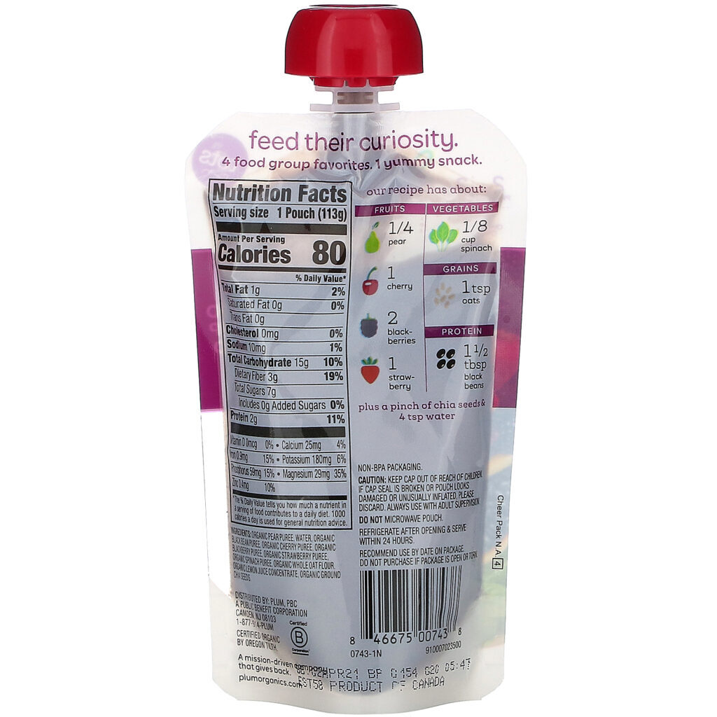 Plum Organics, Mighty 4, 4 Food Group Blend, Tots, Pear, Cherry, Blackberry, Strawberry, Black Bean, Spinach, Oat, 6 Pouches, 4 oz (113 g) Each - Imagem 3
