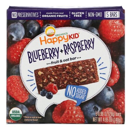 Happy Family Organics, Happy Kid, Blueberry + Framboesa, Barra de Frutas e Aveia, 5 Barras, 28 g Cada