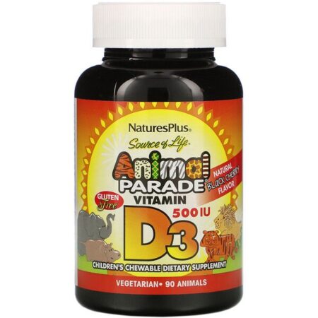 Nature's Plus, Source of Life, Animal Parade, Vitamina D3, Sabor Natural Cereja Preta, 500 IU, 90 Comprimidos em Forma de Animal