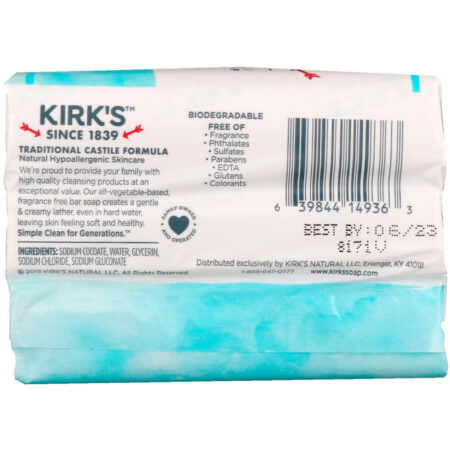 Kirk's, Gentle Castile Soap Bar, Fragrance Free, 3 Bars, 4.0 oz (113 g) Each - Image 3