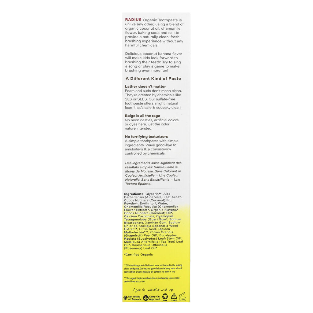 RADIUS, Organic Toothpaste, For Kids, 6 Months+, Coconut Banana, 3 oz (85 g) - Imagem 3