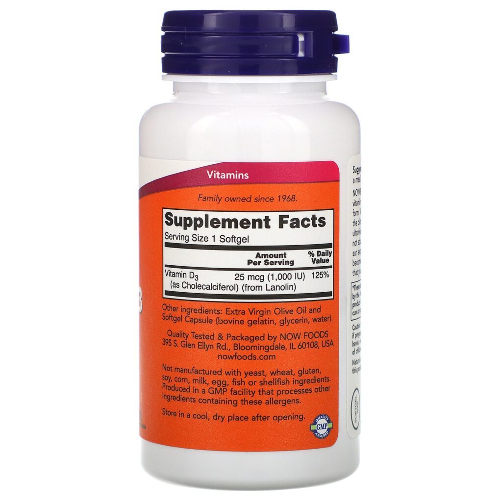 Now Foods, Alta Potência da Vitamina D-3, 1.000 UI, 180 Cápsulas Softgel - Imagem 2