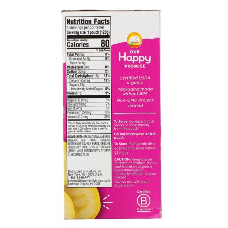 Happy Family Organics, Happy Tot, Stage 4, Love My Veggies, Organic Bananas, Beet, Squash & Blueberries, 4 Pouches, 4.22 oz (120 g) Each - Image 2