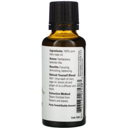 Now Foods, Óleos Essenciais, Óleo de Sálvia-esclareia, 30 ml (1 fl oz) - Imagem 2