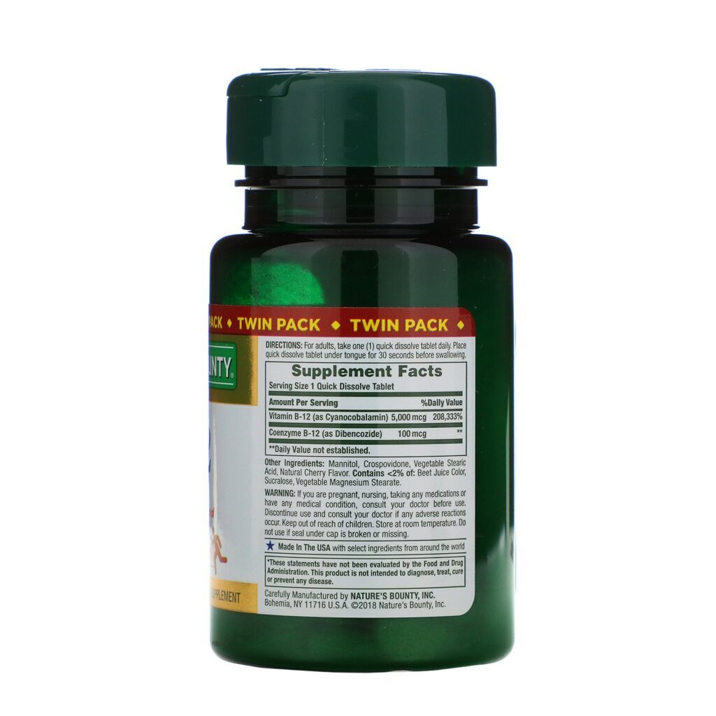 Nature's Bounty, B-12, Twin Pack, Naturally Cherry Flavor, 5,000 mcg, 40 Quick Dissolve Tablets Each - Imagem 2