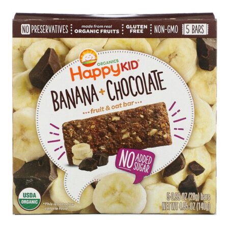 Happy Family Organics, Happy Kid, Banana + Chocolate, Barra de Fruta e Aveia 5 Barras, 28 g Cada