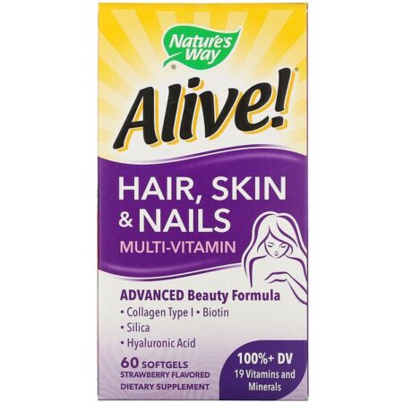 Nature's Way, Alive! Multivitamínico para Cabelos, Pele e Unhas, Sabor Morango, 60 Cápsulas Gelatinosas