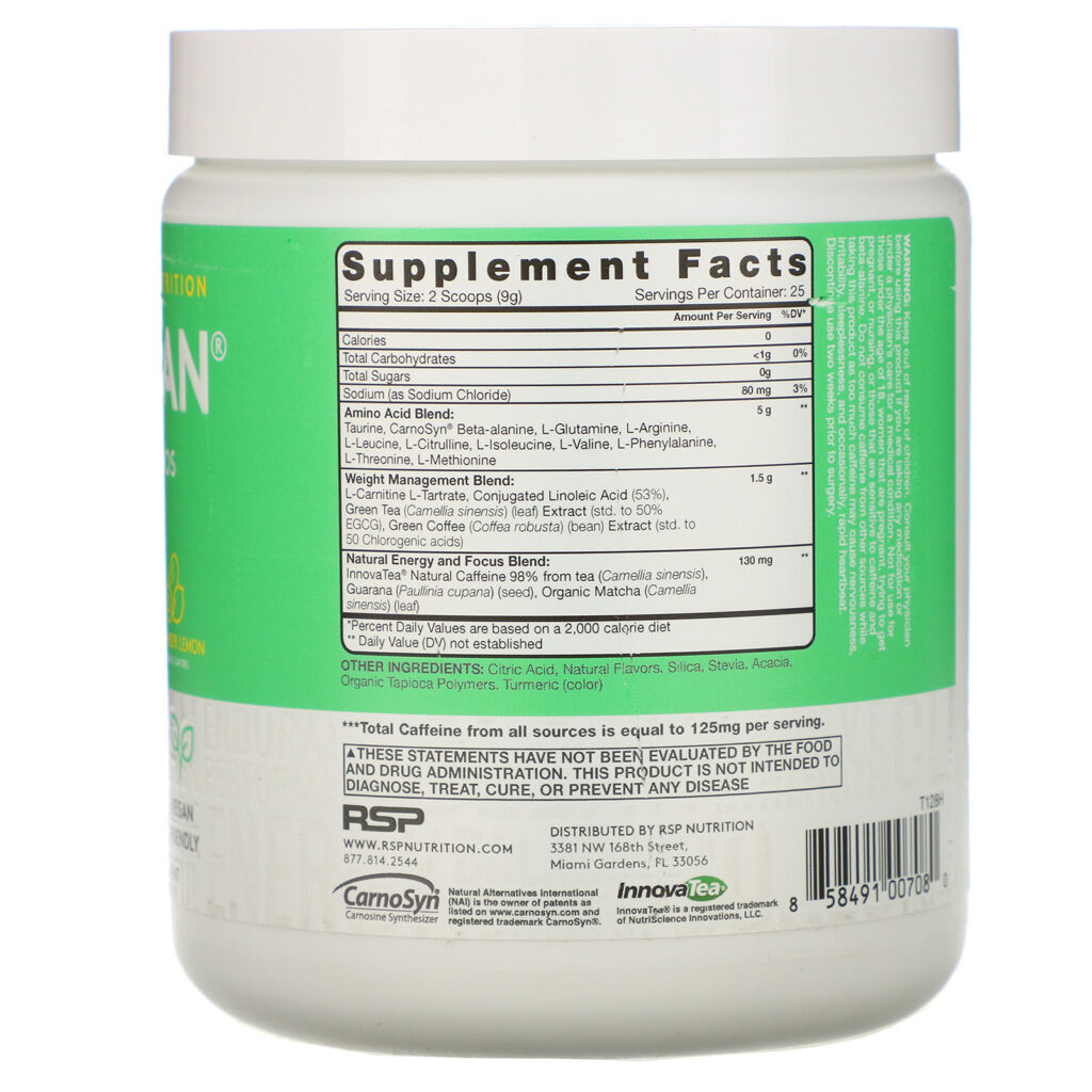 RSP Nutrition, AminoLean, Essential Vegan Aminos, Cucumber Lemon, 7.94 oz (225 g) - Imagem 2