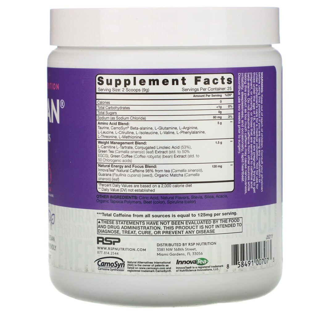 RSP Nutrition, AminoLean, Essential Vegan Aminos, Acai, 7.94 oz (225 g) - Imagem 2