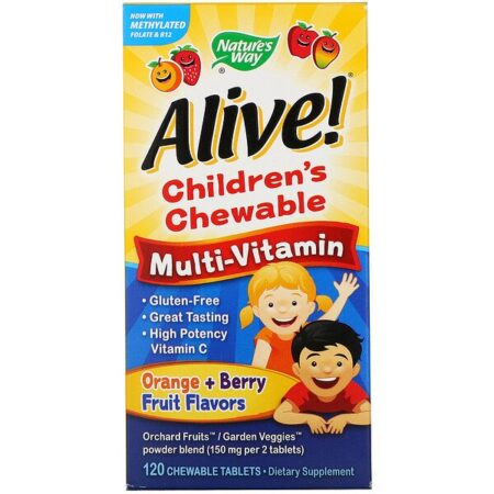 Nature's Way, Alive! Multivitamínico infantil mastigável, Sabores de Laranja com frutos silvestres, 120 Comprimidos Mastigáveis