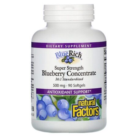 Natural Factors, BlueRich, Super Força, Concentrado de Mirtilo, 500 mg, 90 Softgel