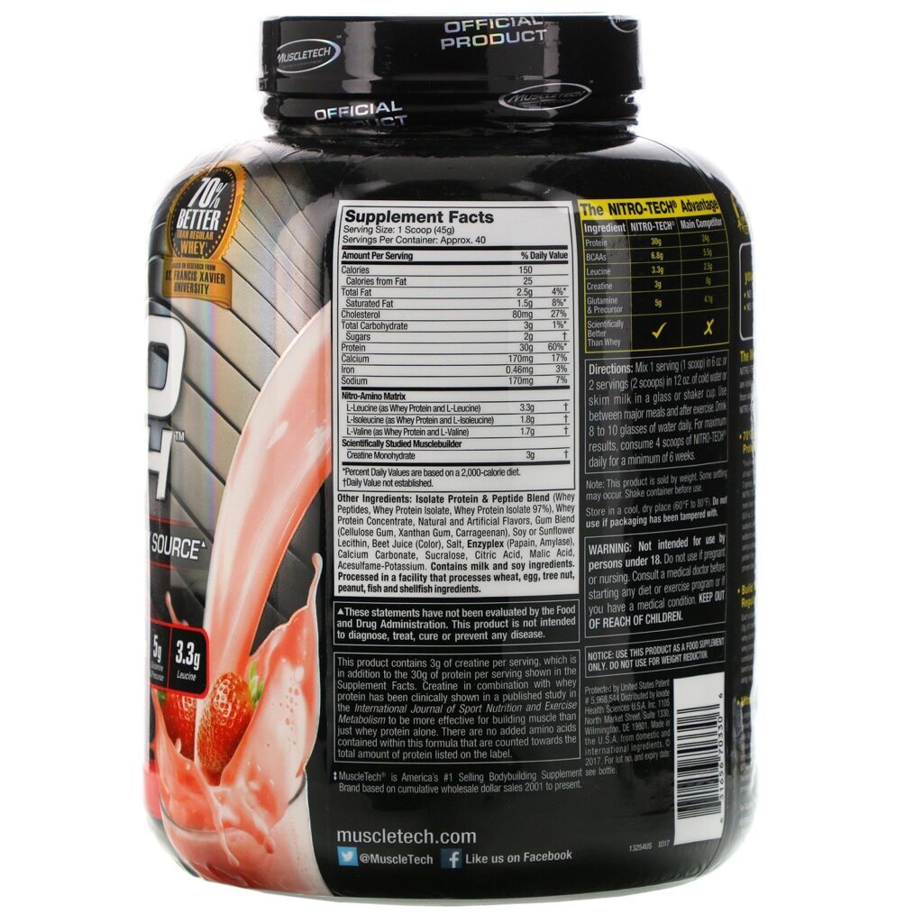 Muscletech, Nitro Tech, Isolado de Soro de Leite + Músculo Magro, Morango, 1,80 kg (3,97 libras) - Imagem 2