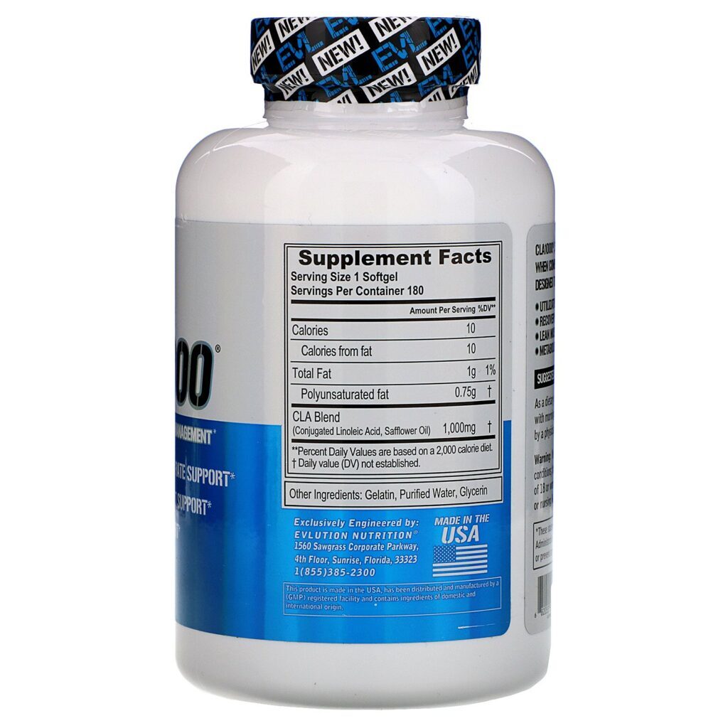 EVLution Nutrition, CLA1000, Stimulant Free Weight Management, 180 Softgels - Imagem 2
