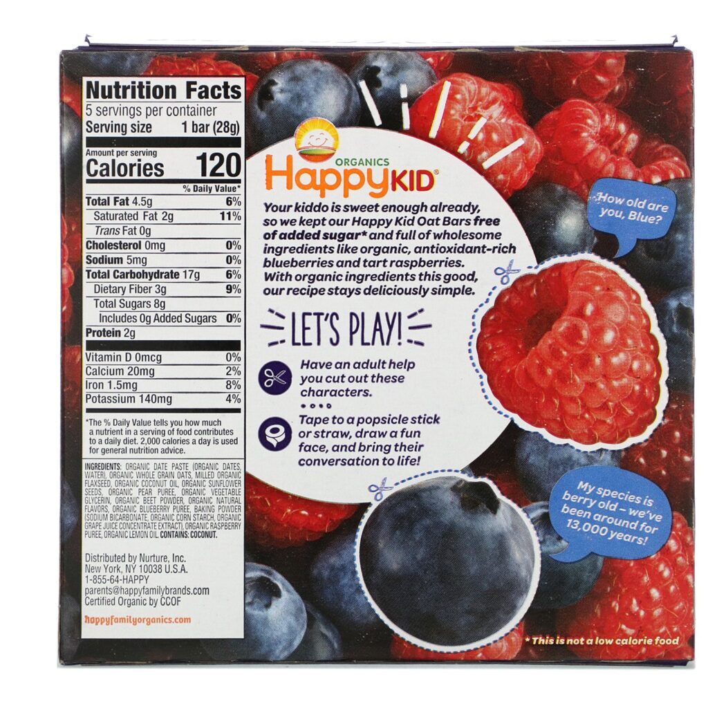 Happy Family Organics, Happy Kid, Blueberry + Framboesa, Barra de Frutas e Aveia, 5 Barras, 28 g Cada - Imagem 2