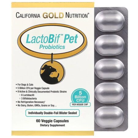 California Gold Nutrition, Probióticos para Animais de Estimação LactoBif, 5 bilhões de UFC, 60 Cápsulas Vegetais