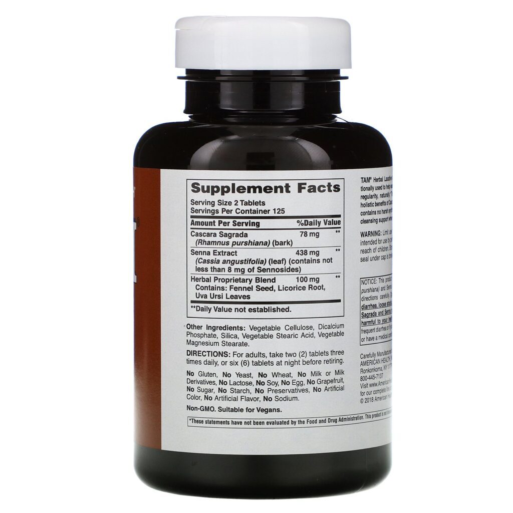 American Health, TAM, Laxante Herbal, 250 Comprimidos - Imagem 2