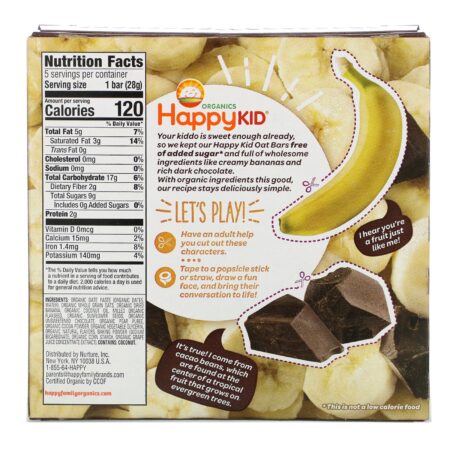 Happy Family Organics, Happy Kid, Banana + Chocolate, Barra de Fruta e Aveia 5 Barras, 28 g Cada - Image 2