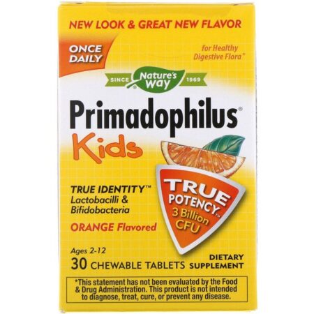 Nature's Way, Primadophilus, Kids, Age 2-12, Orange Flavored, 3 Billion CFU, 30 Chewable Tablets