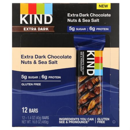 KIND Bars, Extra Dark Chocolate, Nuts & Sea Salt, 12 Bars, 1.4 oz (40 g) Each - Image 2