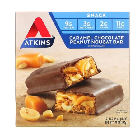 Atkins, Snack, Caramel Chocolate Peanut Nougat Bar, 5 Barrinhas, 44 g (1,6 oz) Cada