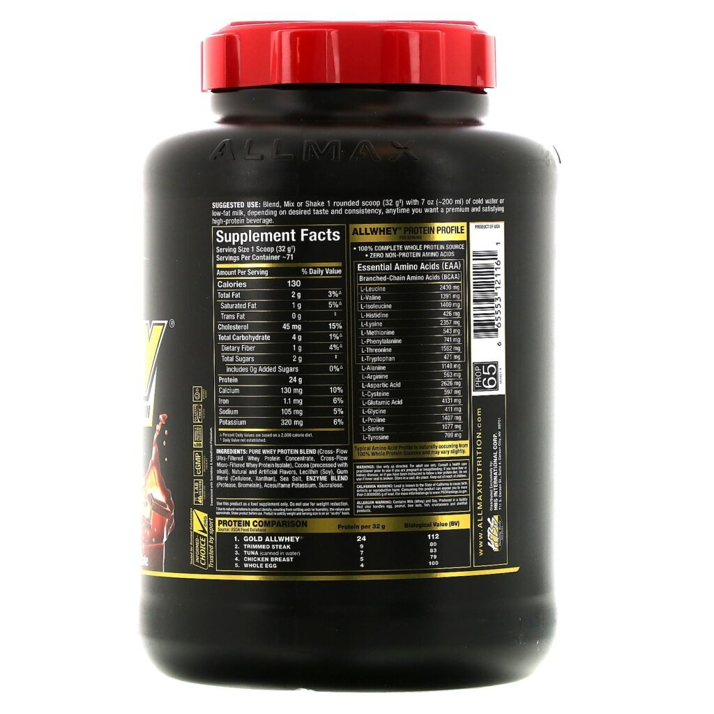 ALLMAX Nutrition, AllWhey Gold, 100% Proteína de Soro de Leite + Isolado Proteico de Soro Premium, Chocolate, 5 lbs. (2,27 kg) - Imagem 2