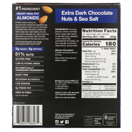 KIND Bars, Extra Dark Chocolate, Nuts & Sea Salt, 12 Bars, 1.4 oz (40 g) Each - Image 3