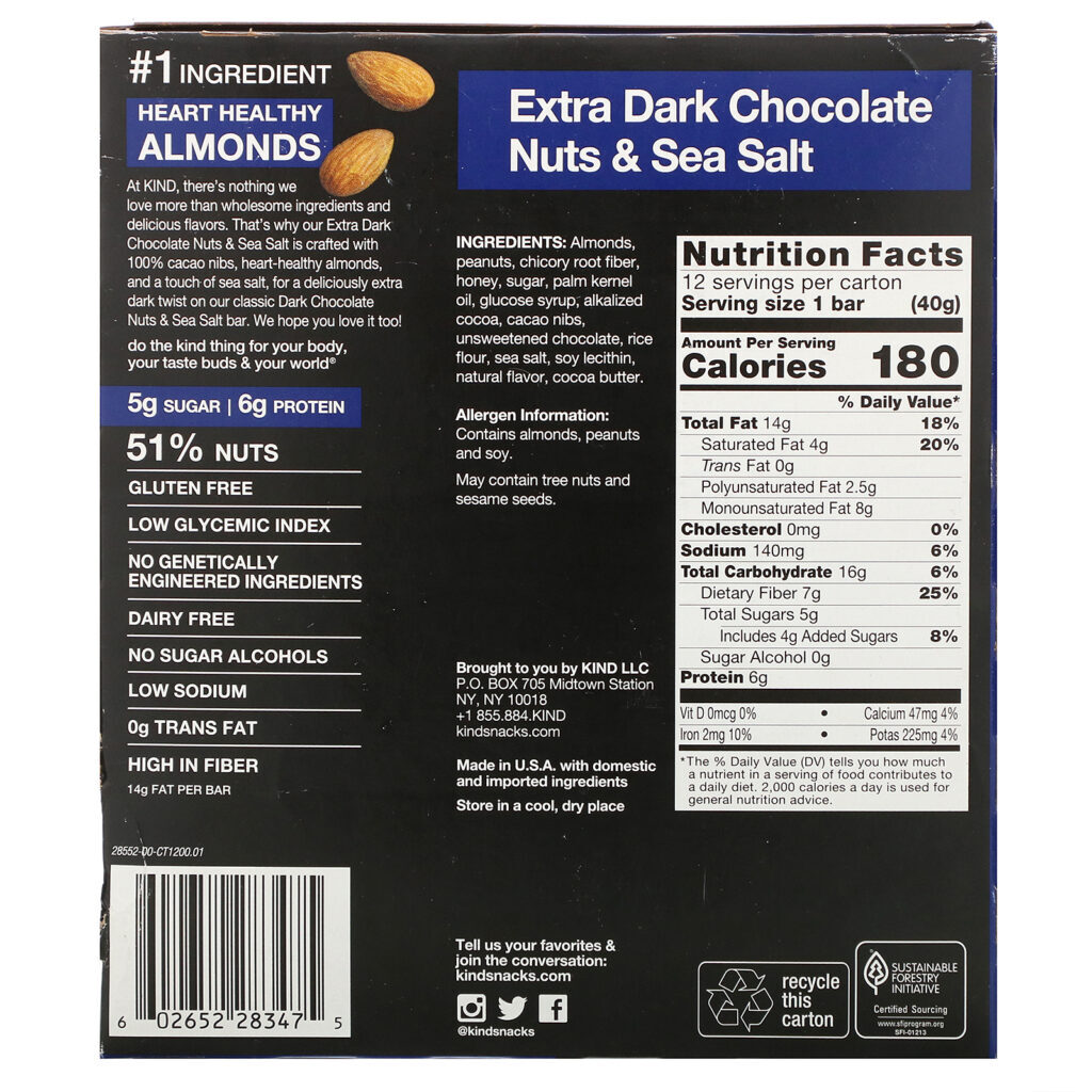 KIND Bars, Extra Dark Chocolate, Nuts & Sea Salt, 12 Bars, 1.4 oz (40 g) Each - Imagem 3