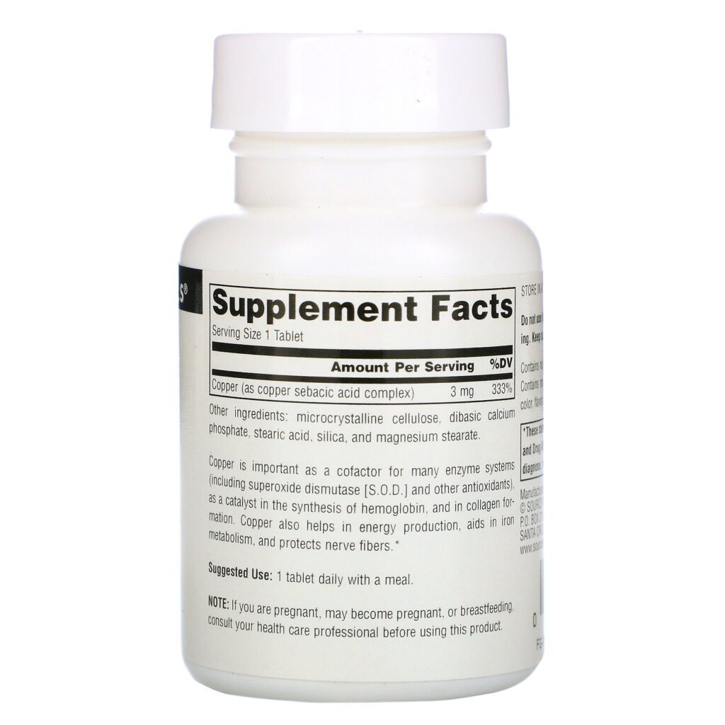 Source Naturals, Sebacate Cobre, 22 mg, 120 Tabletes - Imagem 2