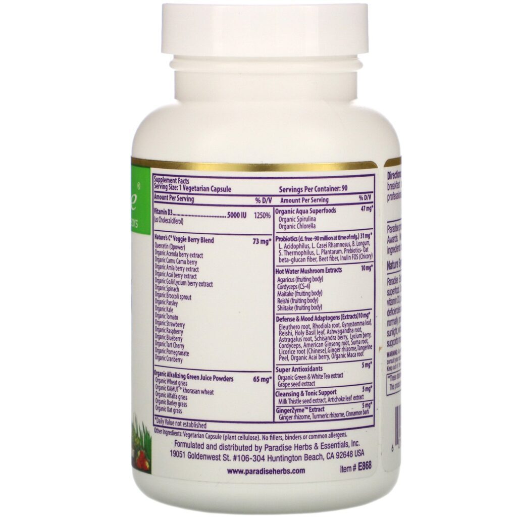Paradise Herbs, Earth's Blend, Vitamin D3, 5,000 IU, 90 Vegetarian Capsules - Imagem 2