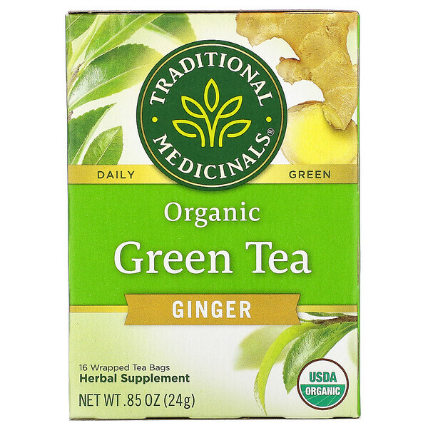 Traditional Medicinals, Chá Verde Orgânico, Gengibre, 16 Saquinhos de Chá Embalados, 24 g (0,85 oz)
