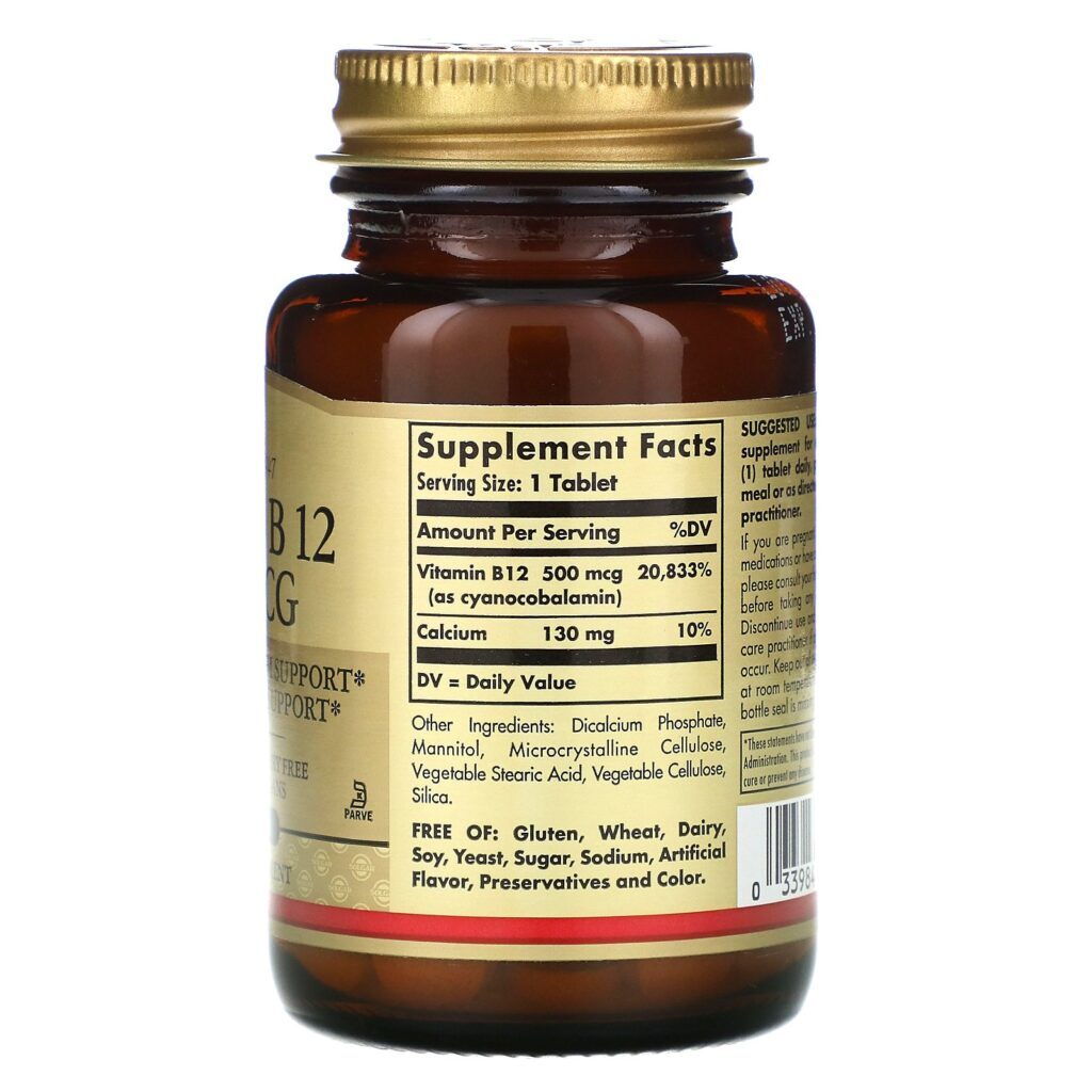 Solgar, Vitamina B12, 500 mcg, 100 Comprimidos - Imagem 2