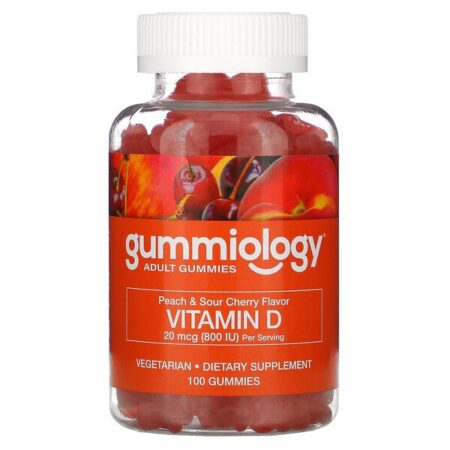 Gummiology, Gomas de Vitamina D3 para Adultos, Sabores Naturais de Pêssego e Cereja Azeda, 100 Gomas Vegetarianas