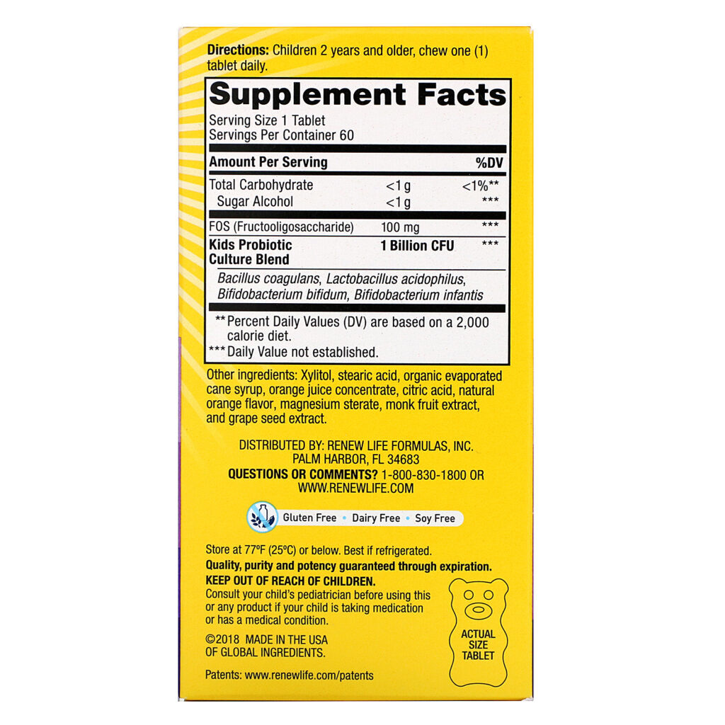 Renew Life, Ultimate Flora Kids Probiotic, Sun-Kissed Orange Flavor, 1 Billion Live Cultures, 60 Chewable Tablets - Imagem 2