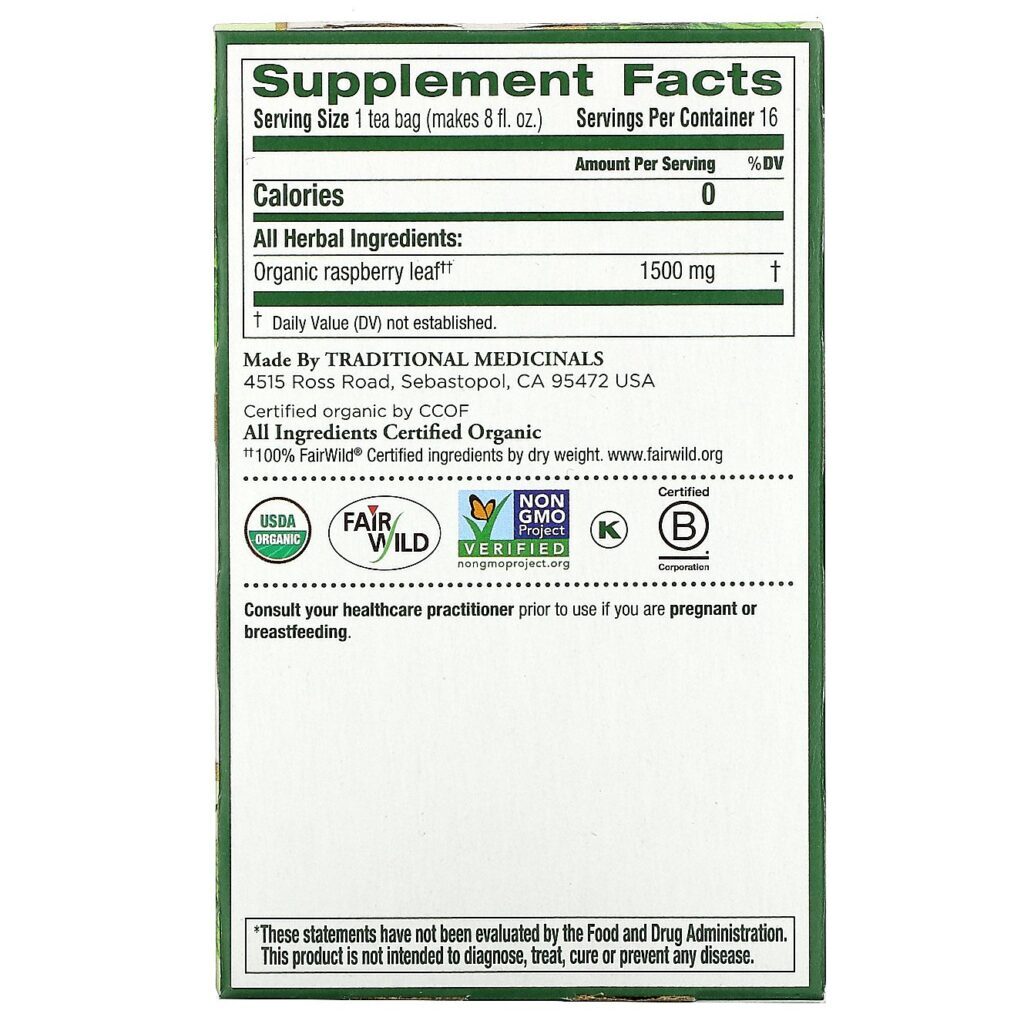 Traditional Medicinals, Folha de Framboesa Orgânica, Sem Cafeína, 16 Saquinhos de Chá Embalados, 24 g (0,85 oz) - Imagem 2