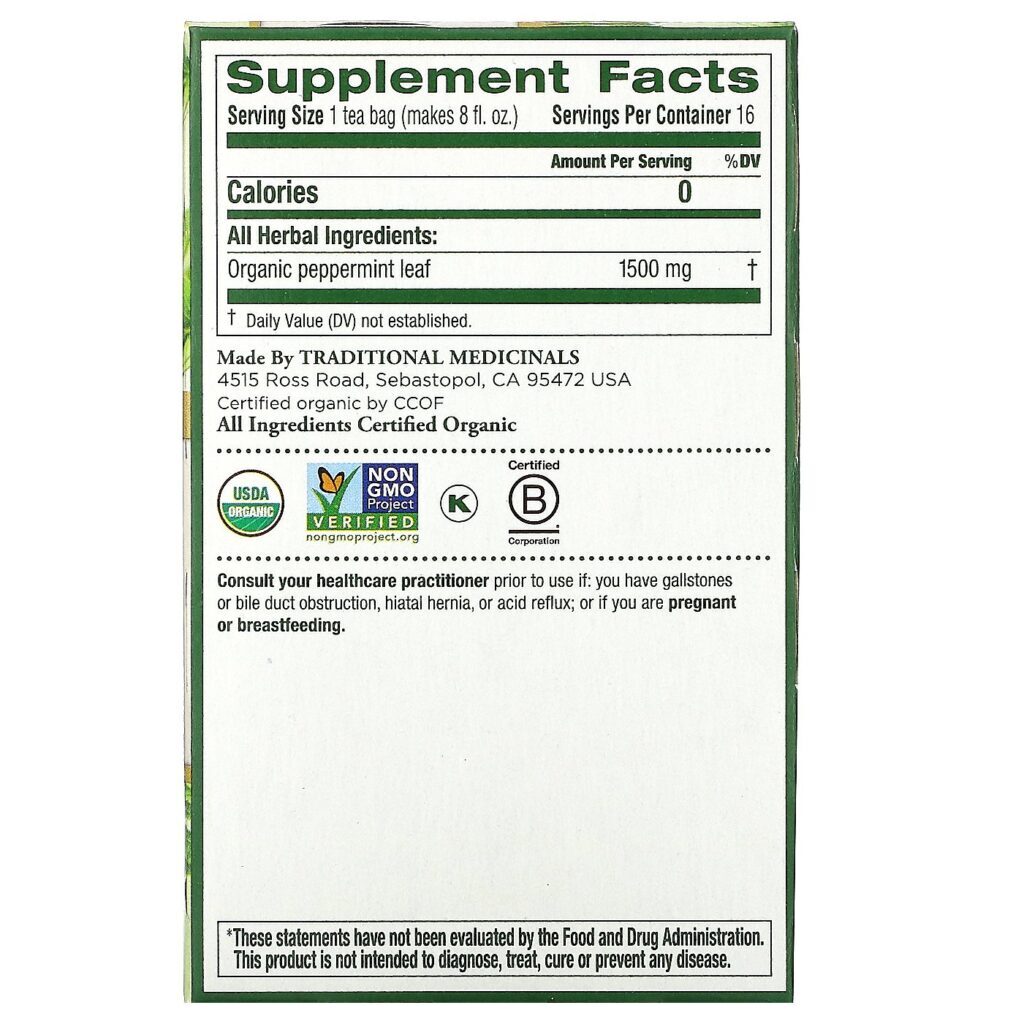 Traditional Medicinals, Hortelã-pimenta Orgânica, Sem Cafeína, 16 Saquinhos de Chá Embalados, 24 g (0,85 oz) - Imagem 2