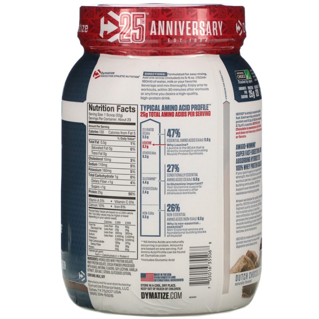 Dymatize Nutrition, ISO100 Hydrolyzed, 100% Whey Protein Isolate, Dutch Chocolate, 1.6 lbs (725 g) - Imagem 2