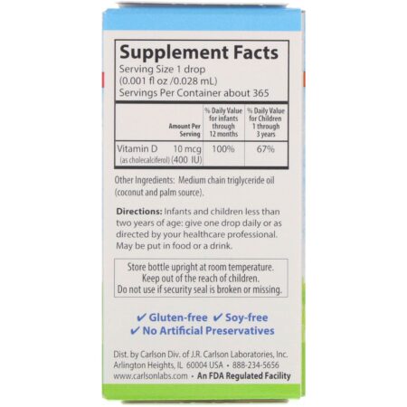 Carlson Labs, Baby's Super Daily D3, 10 mcg (400 IU), 0.35 fl oz (10.3 ml) - Image 2