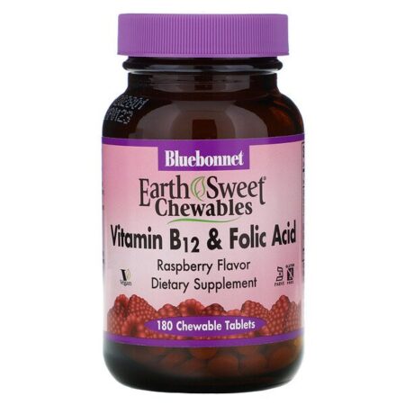 Bluebonnet Nutrition, EarthSweet Mastigáveis, Vitamina B12 e Ácido Fólico, Sabor Natural de Framboesa, 180 Cápsulas Mastigáveis