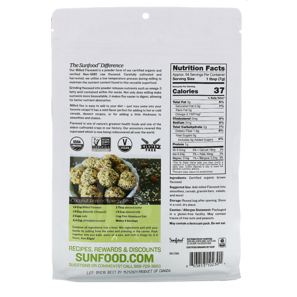 Sunfood, Raw Organic Milled Flaxseed, 1 lb (453.5 g) - Imagem 2