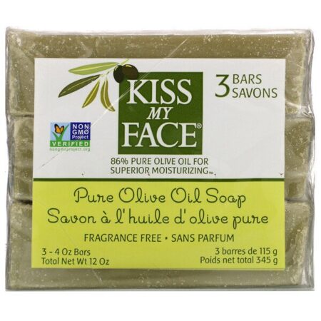 Kiss My Face, Pure Olive Oil Soap, Fragrance Free, 3 Bars, 4 oz (115 g) Each