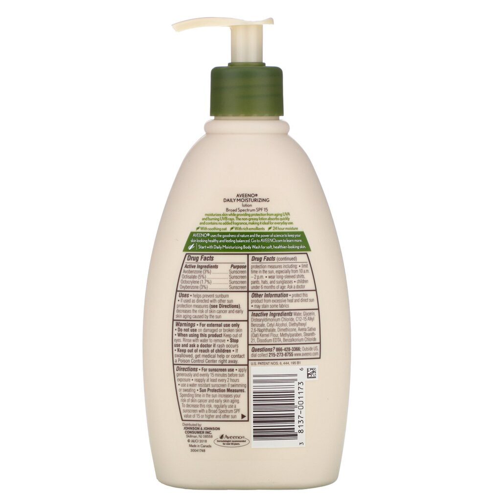 Aveeno, Ativos Naturais, Loção Hidratante Com Protetor Solar, SPF 15, 12 fl oz (354 ml) - Imagem 2