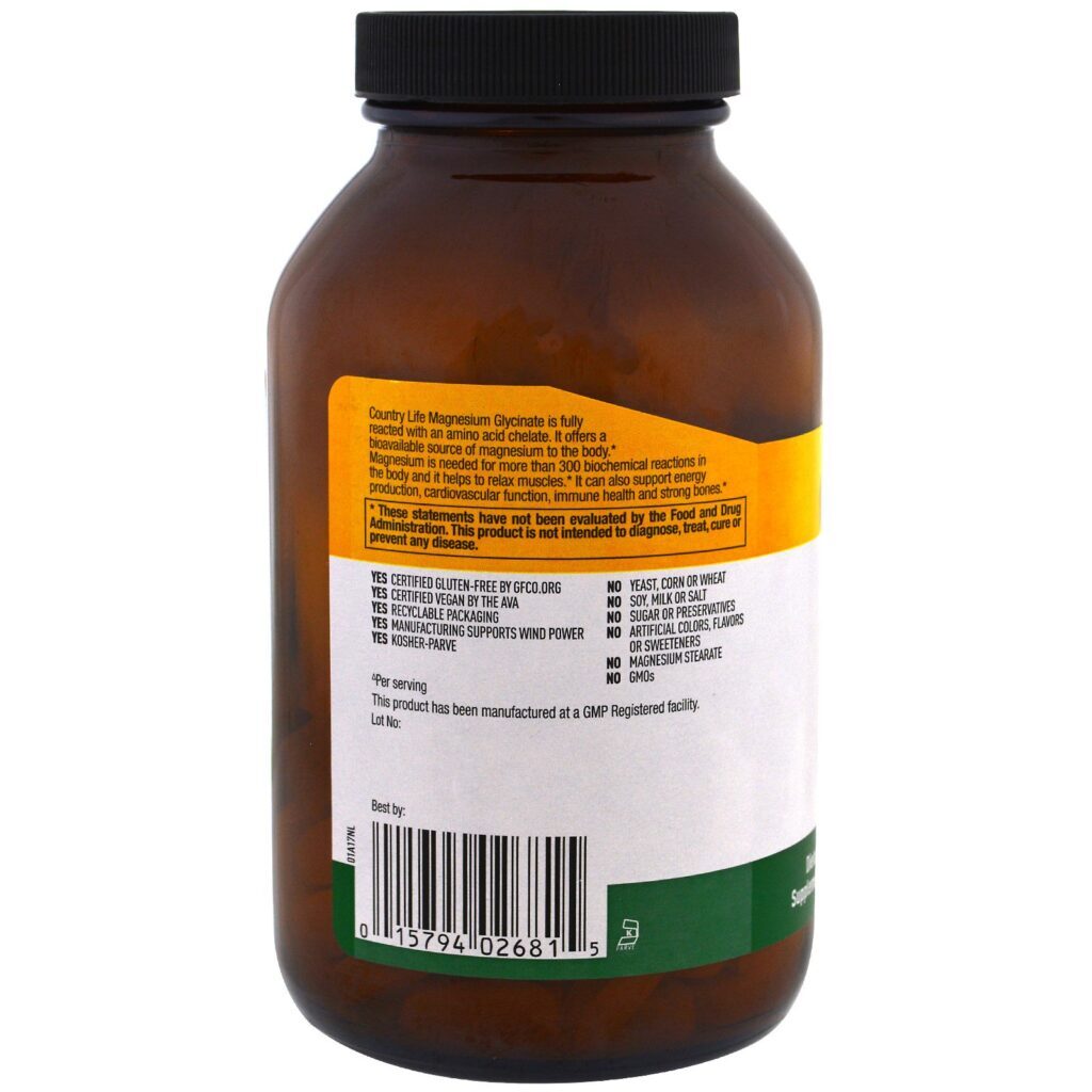 Country Life, Glicinato de magnésio quelado, 400 mg, 180 comprimidos - Imagem 3