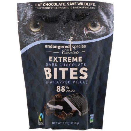 Endangered Species Chocolate, Extreme Dark Chocolate Bites, 88% Cocoa, 12 Wrapped Pieces, 4.2 oz (119 g)