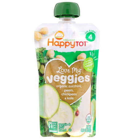 Happy Family Organics, Organics Happy Tot, Vegetais Deliciosos, Abobrinha, Pera, Grão de Bico e Couve Orgânica, 4,22 oz (120 g)