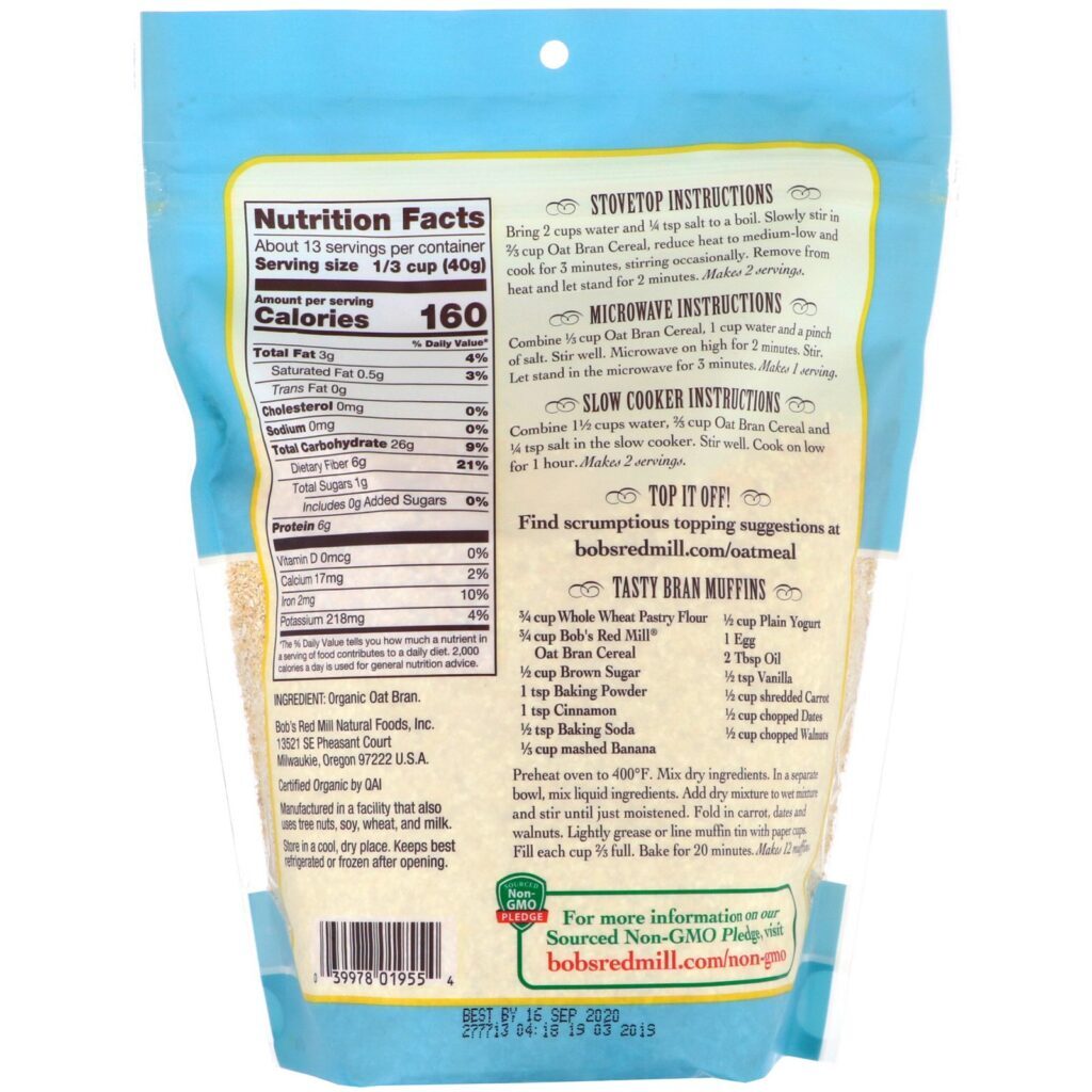 Bob's Red Mill, Organic High Fiber Oat Bran Hot Cereal, 18 oz (510 g) - Imagem 2
