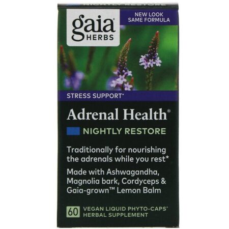 Gaia Herbs, Adrenal Health, Nightly Restore, 60 Fitocápsulas Líquidas Veganas