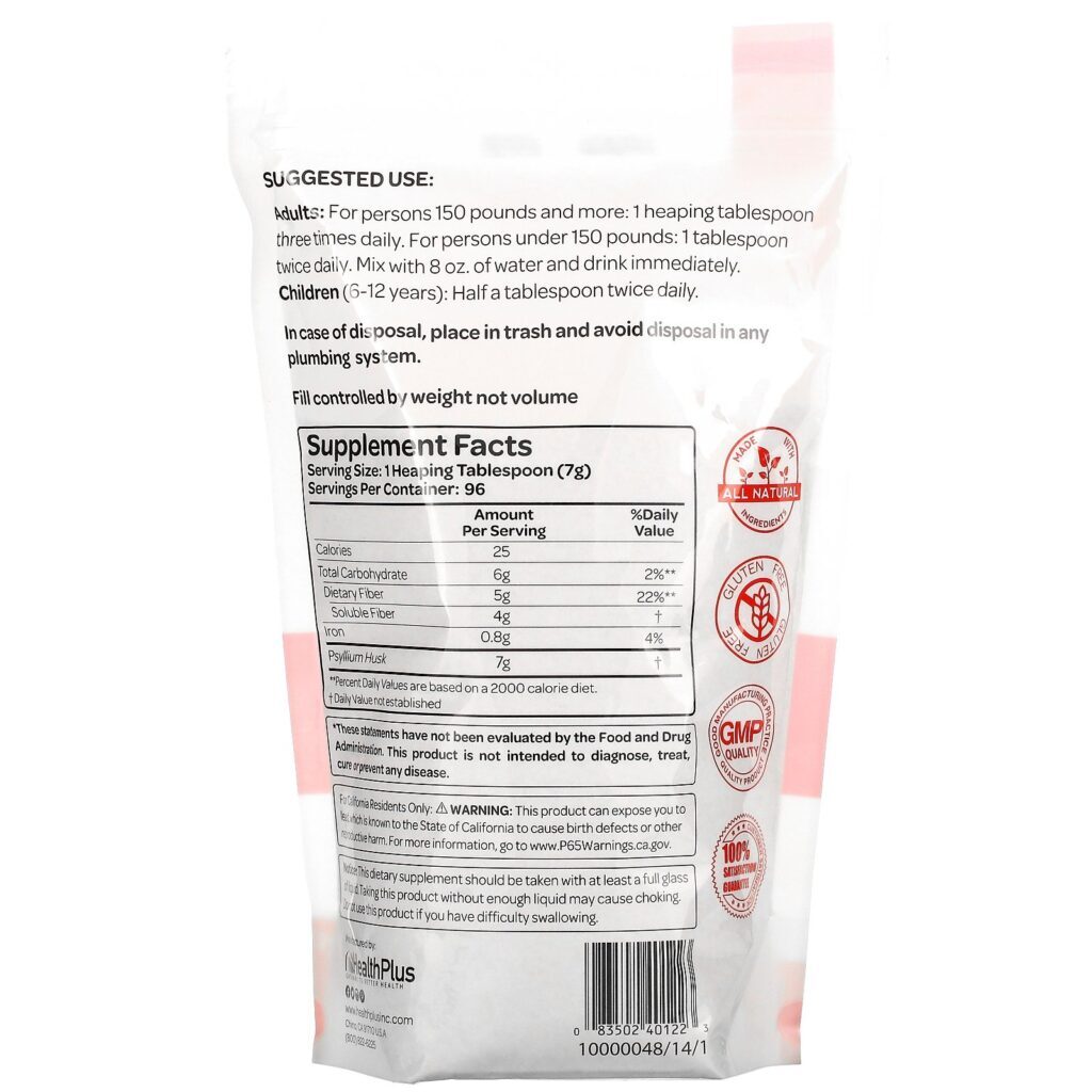 Health Plus, Psyllium Husk 100% Puro, 24 oz (680 g) - Imagem 2