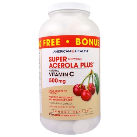 American Health, Super Acerola Plus Mastigável, Sabor Natural da Fruta, 500 mg, 300 Pastilhas Mastigáveis