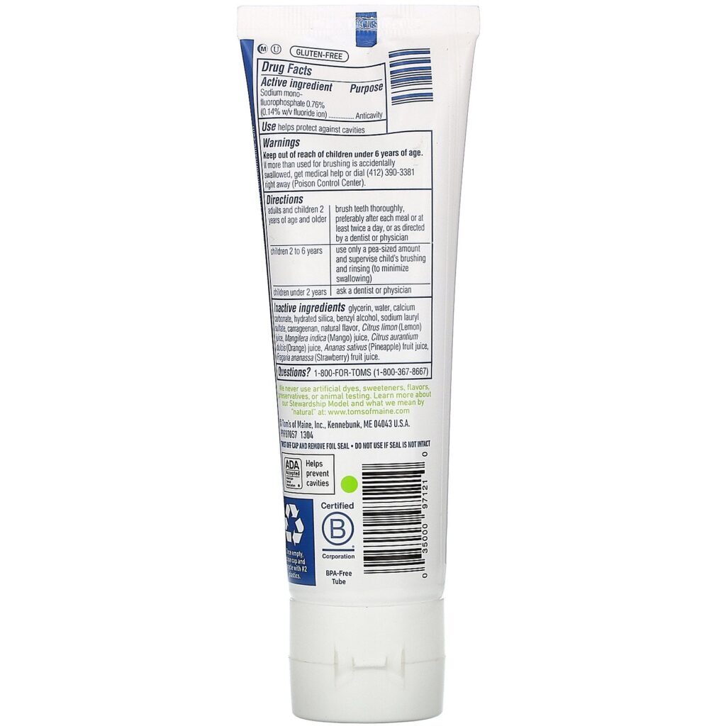 Tom's of Maine, Natural Children's Fluoride Toothpaste, Outrageous Orange Mango, 5.1 oz (144 g) - Imagem 2